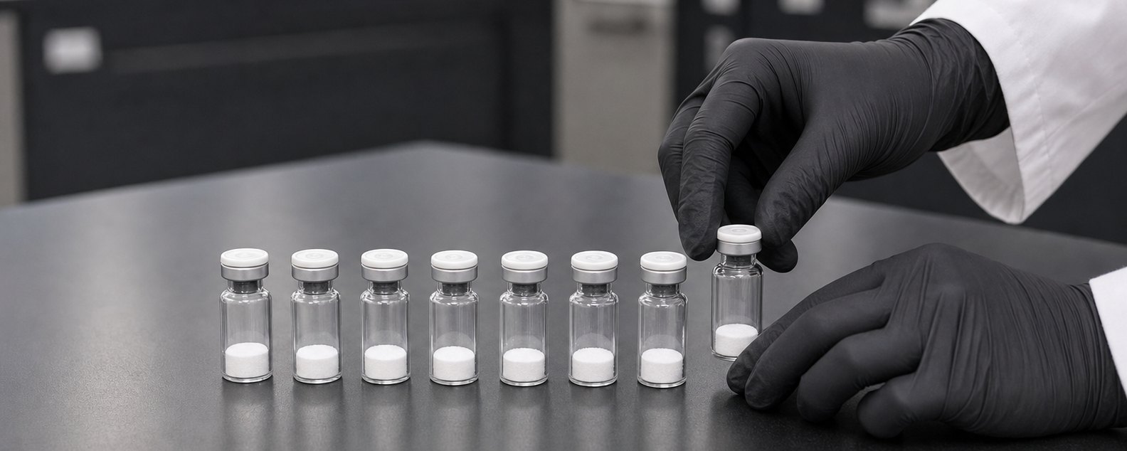 A row of vials of freeze-dried powder on a lab bench