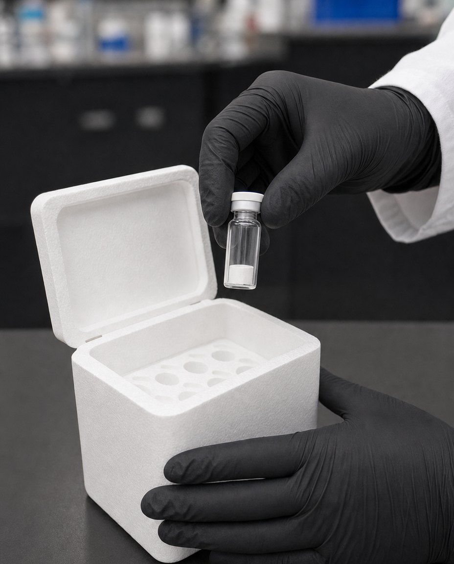 Gloved hand placing a vial into an insulated foam mailer