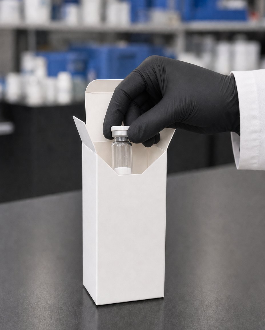 Gloved hand lowering a vial of freeze-dried powder into a white carton